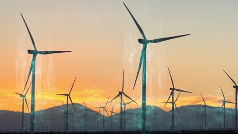 Sunset-Eolic-wind-farm-with-renewable-energy-visualisation---animated-VFX-overlay