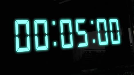 High-quality-CGI-render-of-a-digital-countdown-timer-on-a-wall-mounted-screen,-with-glowing-pale-blue-numbers,-counting-down-from-10-to-zero,-with-dramatic-left-to-right-camera-move