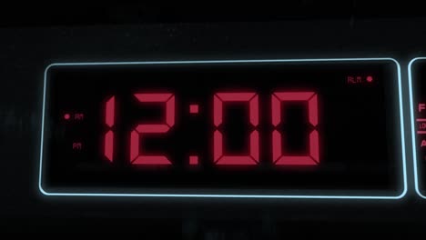 High-quality-CGI-render-of-a-digital-alarm-clock,-with-glowing-red-numbers,-ticking-over-from-11