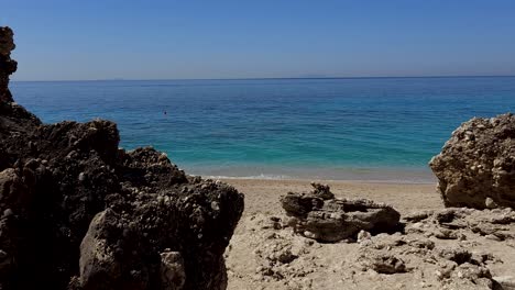 Mediterranean-Sea-Beach,-Cinematic-Panorama-Inspiration-Summer-Holiday,-Beautiful-Bay-with-Cliffs-and-Blue-Turquoise-Lagoon