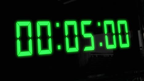 High-quality-CGI-render-of-a-digital-countdown-timer-on-a-wall-mounted-screen,-with-glowing-green-numbers,-counting-down-from-10-to-zero,-with-dramatic-left-to-right-camera-move