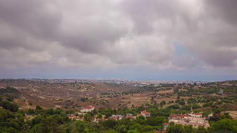 Sky-timelapse-on-overcast-day-from-a-viewpoint-the-valley-in-the-horizon