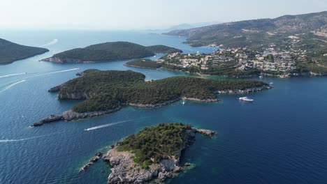 Syvota-Green-Islands-and-Coastline-at-Epirus,-Greece-Mainland---Aerial