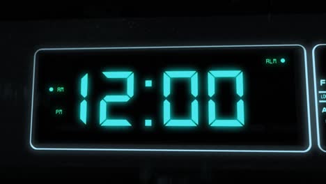 High-quality-CGI-render-of-a-digital-alarm-clock,-with-glowing-pale-blue-numbers,-ticking-over-from-11