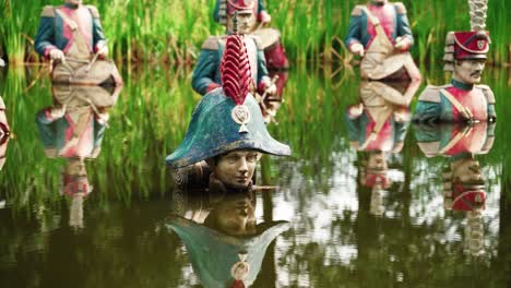 Soldiers-and-Napoleon-Bonaparte-crossing-deep-water,-close-up-static-view