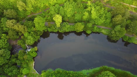 Aerial-Over-Lake-with-Waterfall-and-Paths,-Green-Trees