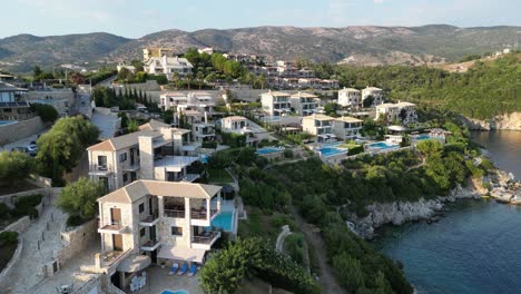 Holiday-Resort-Hotel-with-swimming-pool-apartments-at-Syvota,-Epirus,-Greece---Aerial