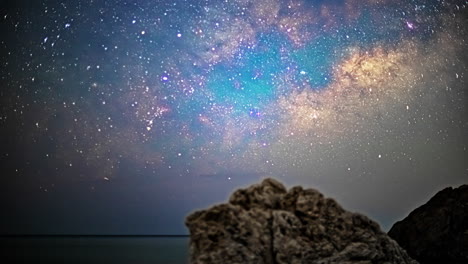 Timelapse-Captures-Comets-Streaking-Across-the-Night-Sky-Above-Rocky-Boulder,-with-Ocean-in-the-Background