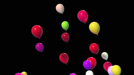 beautiful-colorful-shiny-balloons-spinning,-and-flying-up-and-left-on-black-background-3D-animation