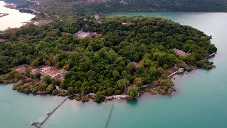 Aerial-of-Butrint-national-park-in-Albania,-ancient-Roman-site