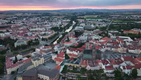 Amazing-sunset-cityscape-of-Hradec-Kralove,-Czechia