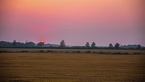 Golden-glowing-sunset-beyond-farmland-fields-as-a-combine-harvester-passes-by---time-lapse