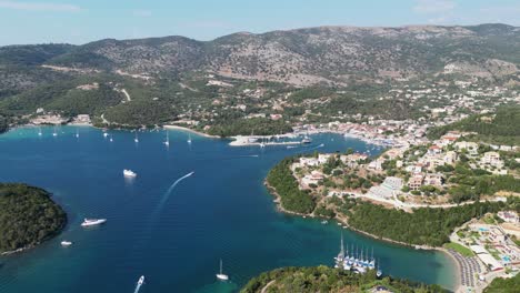 Syvota-Coastal-Village-and-Port-at-Epirus,-Greece---Panorama-Aerial