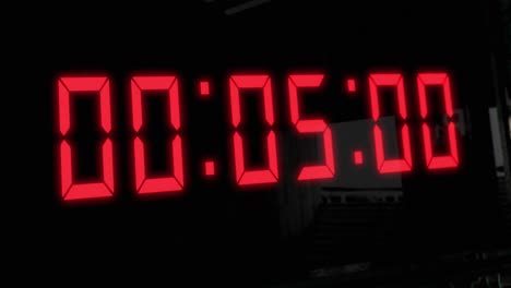 High-quality-CGI-render-of-a-digital-countdown-timer-on-a-wall-mounted-screen,-with-glowing-red-numbers,-counting-down-from-10-to-zero,-with-dramatic-left-to-right-camera-move