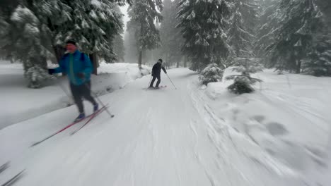 Skiing-down-a-narrow-slope-between-the-trees-in-Pec-Pod-Snezkou,-Czech-Republic