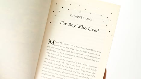 Hands-opening-the-first-chapter-of-the-first-Harry-Potter-book,-The-Philosopher's-or-Sorcerer's-Stone
