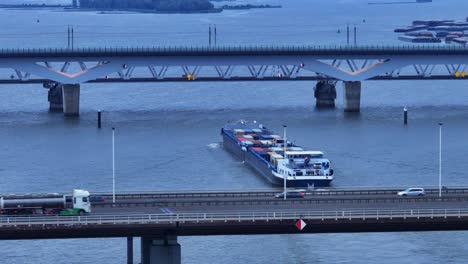 Cargo-ship,-Olesia-at-Moerdijk-sailing-under-bridges