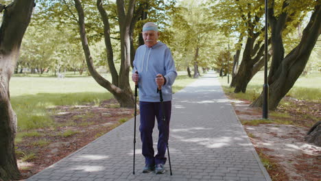 Senior-healthy-retired-man-grandfather-training-Nordic-walking-use-ski-trekking-poles-in-summer-park