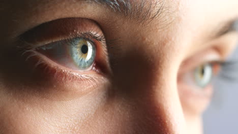 Blue-eyes,-woman-and-vision-with-retina-for-safety