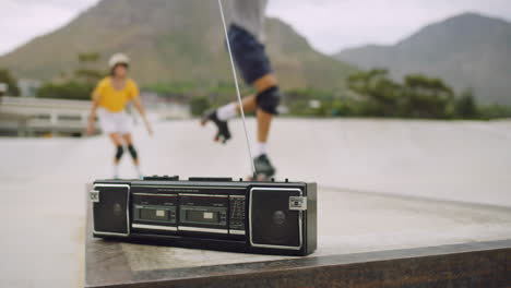 Closeup-of-a-retro-radio-panning-to-cool-urban