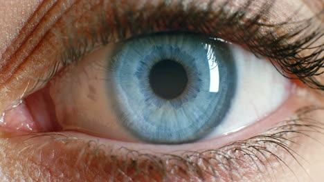 Woman-face,-blue-eyes-and-vision-focus