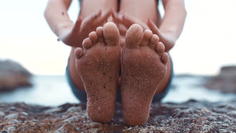 Relax,-feet-and-woman-barefoot-in-sand