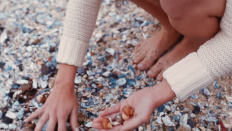 Hands,-woman,-and-beach-sea-shell-collection