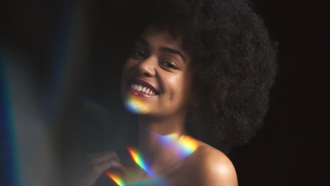 Prism-rainbow,-light-and-reflection-on-a-woman