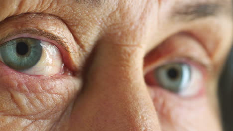 Senior-woman,-moving-eyes-or-eye-macro-against