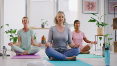 Mature-women-meditating-in-lotus-pose-in-zen-yoga