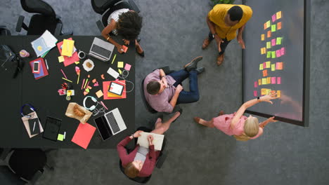 Overhead-view-of-creative-team-in-a-meeting