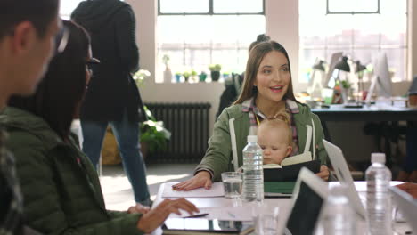 Business-mother-with-baby-in-a-meeting-with-team