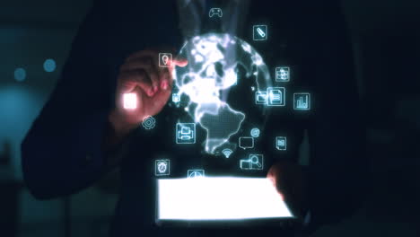 Zukunft,-Tablet-Und-Geschäftsmann-Mit-Digitalem-Globus