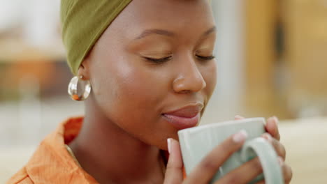 Black-woman,-coffee-or-relax-in-house-living-room