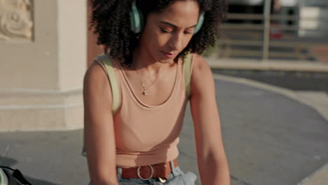 City,-girl-and-headphones-music-with-roller-skate