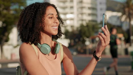 City,-smartphone-and-selfie-of-black-woman