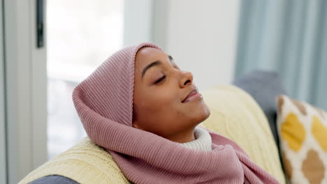 Sleeping-Muslim-woman,-relax-on-sofa