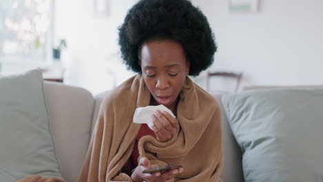 Sick,-sneeze-and-phone-with-black-woman-using