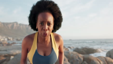 Fitness,-black-woman-and-beach-warm-up-for-running