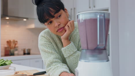 Blender,-kitchen-and-woman-waiting-for-smoothie-to