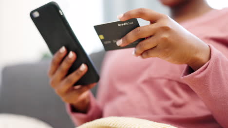 Black-woman-hands,-phone-and-credit-card