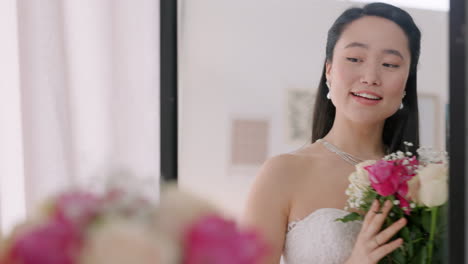 Hochzeit,-Blumenstrauß-Und-Asiatische-Braut-Im-Spiegel