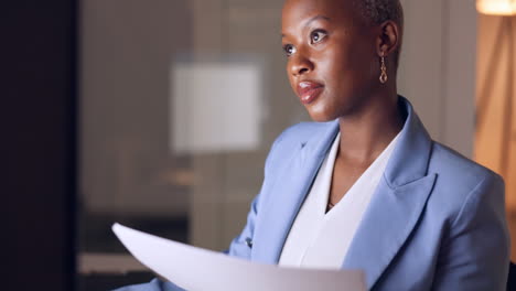 Documents,-business-and-black-woman-working