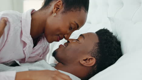 Black-couple,-nose-or-love-bond-in-bedroom