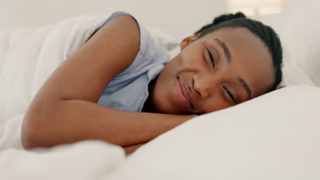Wake-up-in-bed,-happy-black-woman-beauty