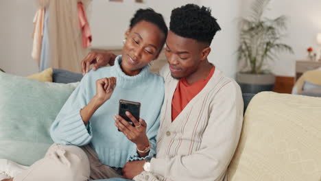 Black-couple,-phone-and-sofa-to-relax-for-social