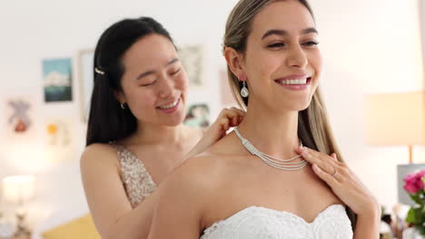 Wedding,-friends-and-bride-with-necklace-jewelry