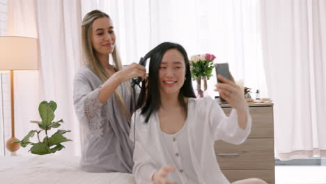 Hair-iron,-selfie-and-influencer-women-in-bedroom