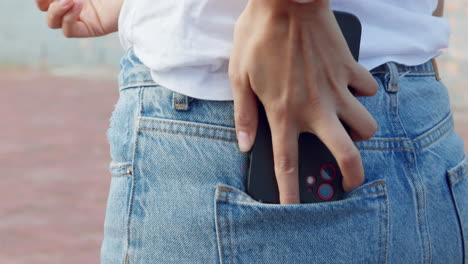 Woman,-phone-and-casual-jeans-pocket