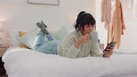 Woman,-coffee-and-phone-in-house-bedroom